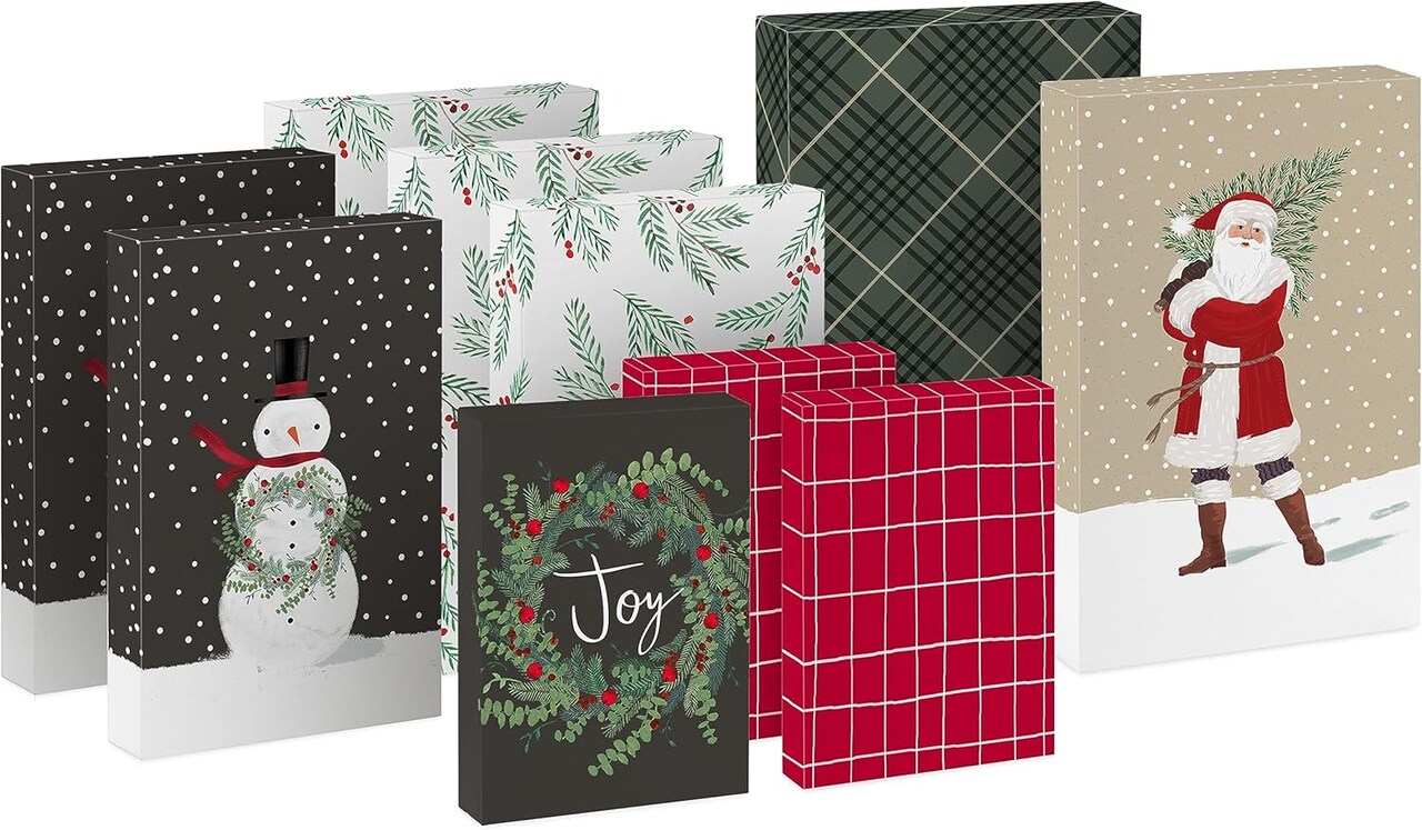 Christmas Shirt Boxes for Presents (10 Clothes Boxes with Lids: 3 Small 11", 5 Medium 14", 2 Large 16") Red, Green and Black Plaid, Snowmen, Santa, Winter Greenery